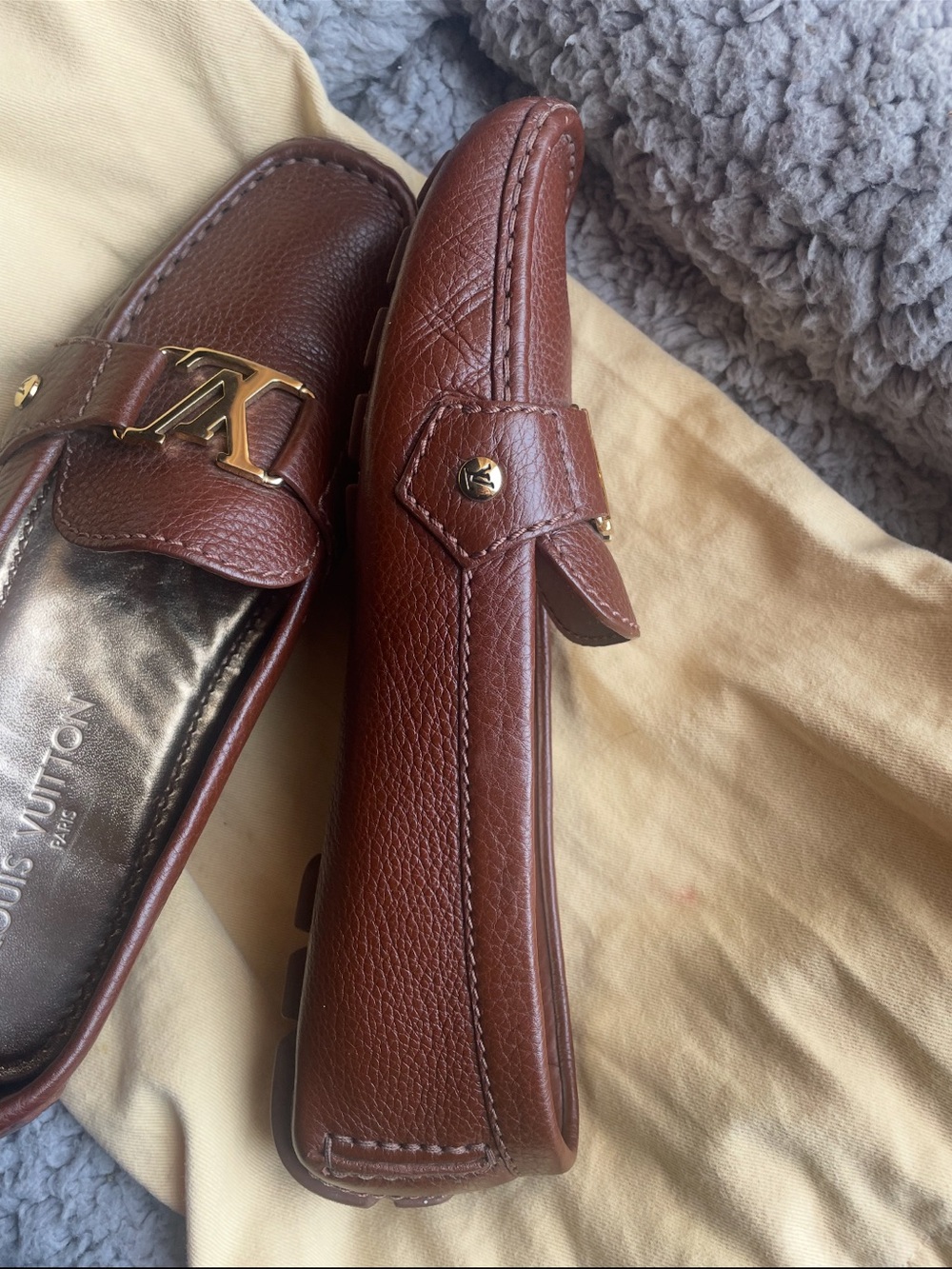 Louis Vuitton Brown Leather Moccasin Loafers with Gold LV Buckle - Picture 3 of 8